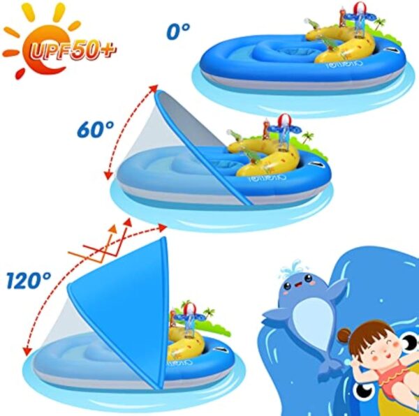 Baby Pool Float with Canopy UPF50+ Sun Protection, 6-24 Months Inflatable Infant Swimming Ring, Bath Floatie, Swimming Pool Accessories, and Toy Play Console with Adjustable Safety Seat - Image 4