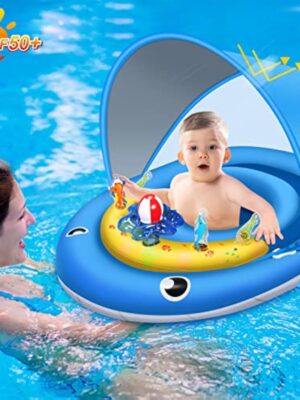 Baby Pool Float with Canopy UPF50+ Sun Protection, 6-24 Months Inflatable Infant Swimming Ring, Bath Floatie, Swimming Pool Accessories, and Toy Play Console with Adjustable Safety Seat