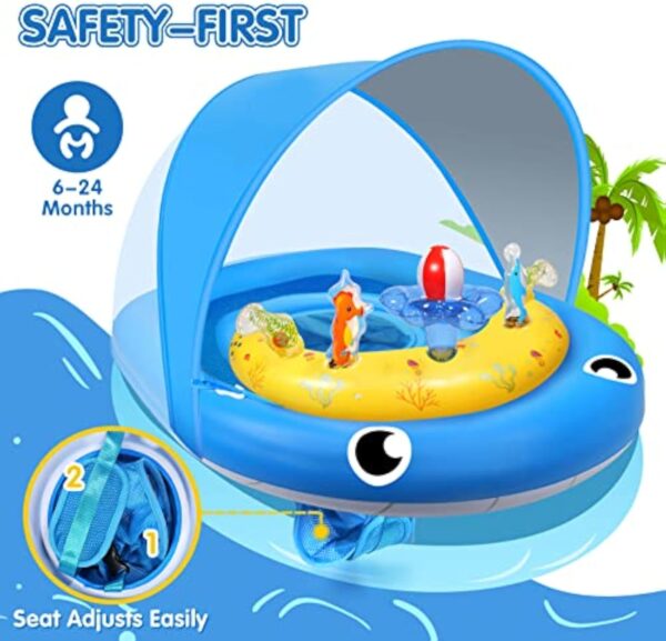Baby Pool Float with Canopy UPF50+ Sun Protection, 6-24 Months Inflatable Infant Swimming Ring, Bath Floatie, Swimming Pool Accessories, and Toy Play Console with Adjustable Safety Seat - Image 7