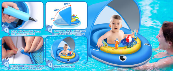Baby Pool Float with Canopy UPF50+ Sun Protection, 6-24 Months Inflatable Infant Swimming Ring, Bath Floatie, Swimming Pool Accessories, and Toy Play Console with Adjustable Safety Seat - Image 9