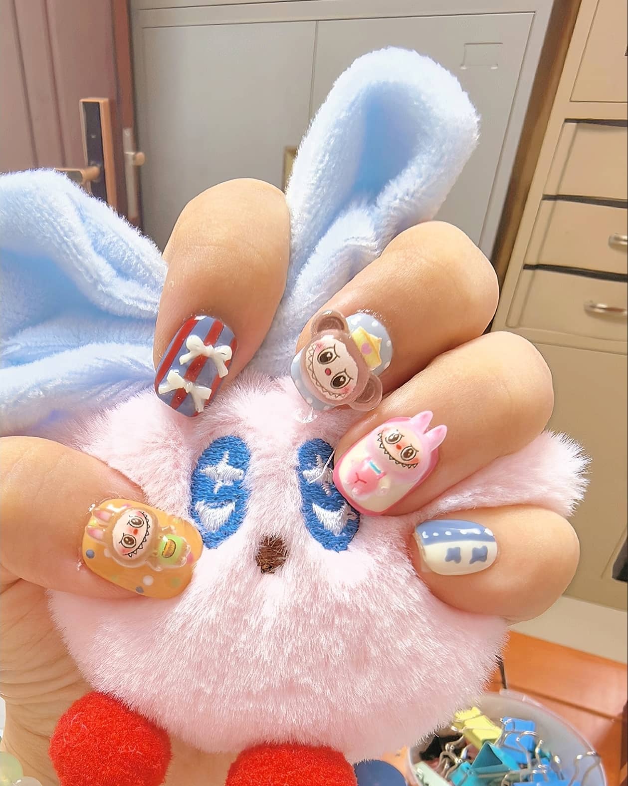 POP MART Labubu  self-adhesive cute nail art  embossed stickers decals 5pcs for one set
