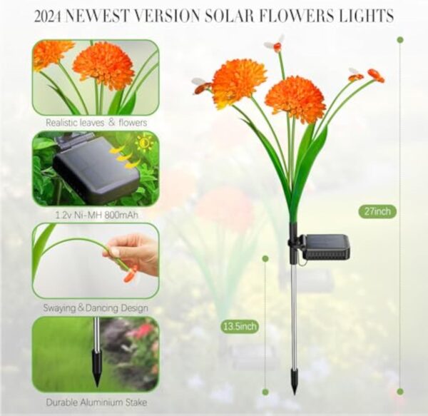 4 Pack Waterproof  Solar Garden Lights Swaying Bee  Fall Decoration Lights With Flowers Firefly Lights Outdoor for Garden Patio Yard Pathway - Image 8
