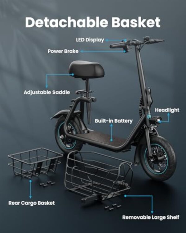 Adults Electric Scooter with Large Middle Basket, 550W Motor 18.6 MPH 20 Mile Distance, Foldable E-Scooter with seat for Pets & Cargo - Image 3