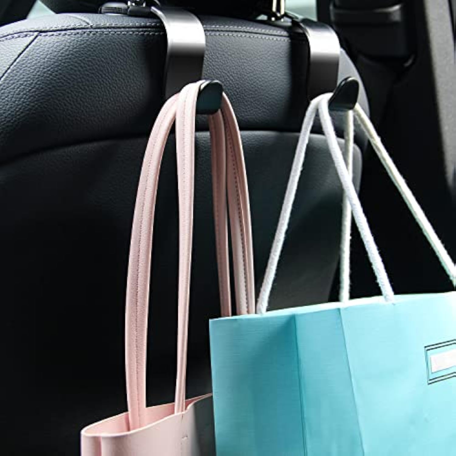 Car Seat Headrest Hook 4 Pack Hanger Storage Organizer Universal for Handbag Purse Coat Universal fit Vehicle Car Black with Buckle