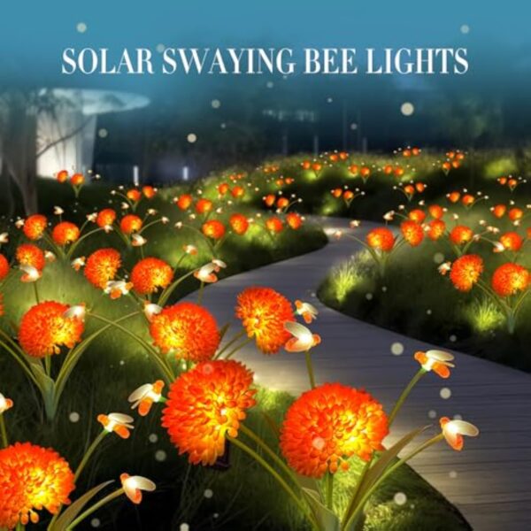 4 Pack Waterproof  Solar Garden Lights Swaying Bee  Fall Decoration Lights With Flowers Firefly Lights Outdoor for Garden Patio Yard Pathway - Image 6