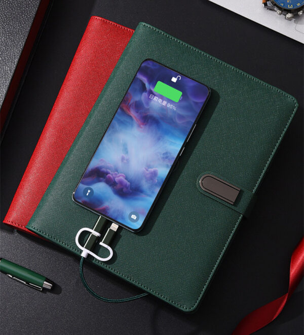 A5 Wireless phone charging 8000mah leather notebook gift box with USB flash drive