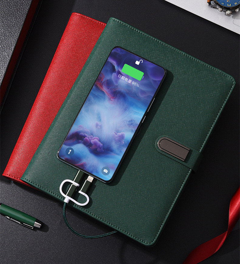 A5 Wireless phone charging 8000mah leather notebook gift box with USB flash drive